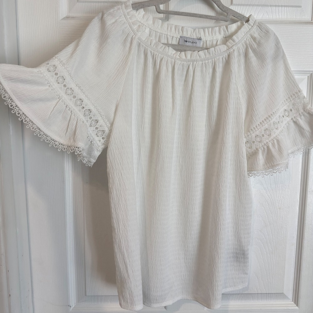 AB Studio Womens White Crochet Lace Bell Sleeve Textured Peasant Blouse Size M